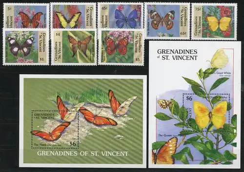 St. Vincent Grenadinen 664-671 + Bl. 46-47 postfrisch Schmetterling #HF439