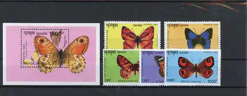 Kambodscha 1354-1358, Block 197 postfrisch Schmetterlinge #Schm1832