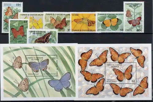 Turks und Caicos Inseln 910-917 + Bl. 85-86 postfrisch Schmetterling #HF372