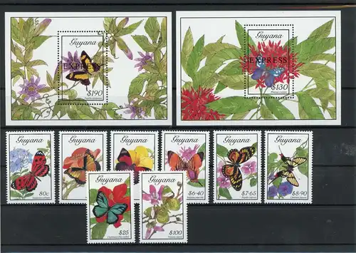 Guyana 3039-3046, Block 53-54 postfrisch Schmetterling #Schm1947
