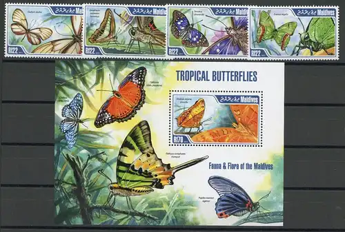 Malediven Einzelmarken 4898-4901 + Bl. 645 postfrisch Schmetterling #HF405