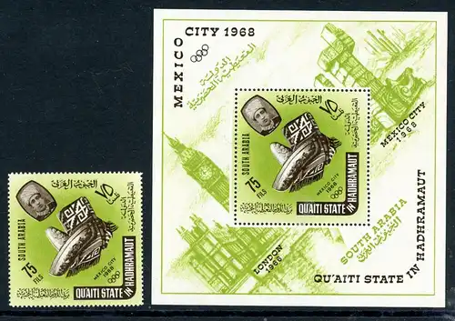 Aden Qu'Aitistate 79 A + Bl. 2 A postfrisch Olympia 1968 Mexiko #1H419