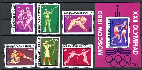 Bulgarien 2853-2858 + Bl. 99 postfrisch Olympia 1980 Moskau #1H374