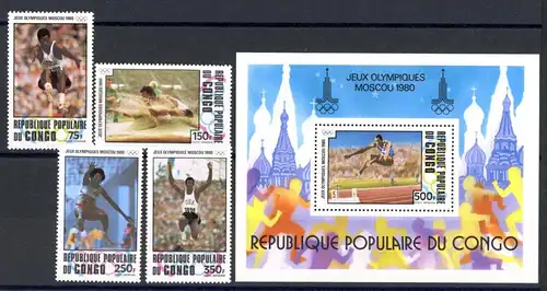 Kongo Brazzaville 726-729 + Bl. 22 postfrisch Olympia 1980 Moskau #1H579