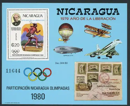 Nicaragua Block 111 postfrisch Olympia 1980 Lake Placid / Moskau #1H529