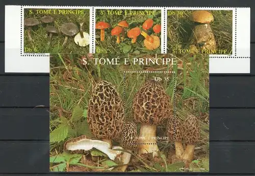 Sao Tomé Principe 3er Streifen 1013-1015, Block 173 postfrisch Pilze #1G150