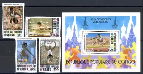 Kongo Brazza. 786-789 + Bl. 26 postfrisch Olympia 1980 Moskau #1H582