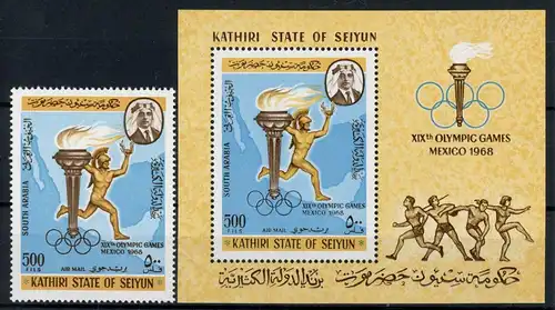 Aden Qu'Aitistate 163A + Bl. 13A postfrisch Olympia 1968 Grenoble #1H436