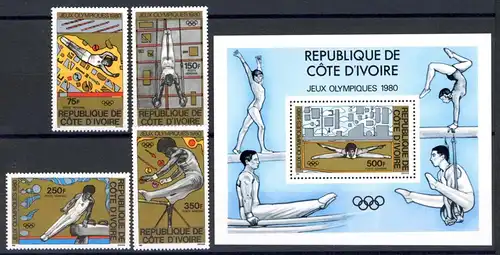 Elfenbeinküste 649-652 + Bl. 16 postfrisch Olympia 1980 Moskau #1H578