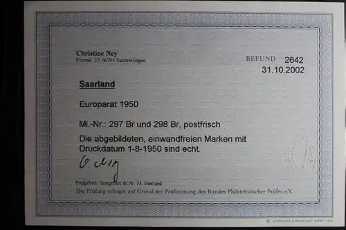 Saarland 297 Br und 298 Br postfrisch Eckrand Druckdatum, Befund Ney BPP #FX391