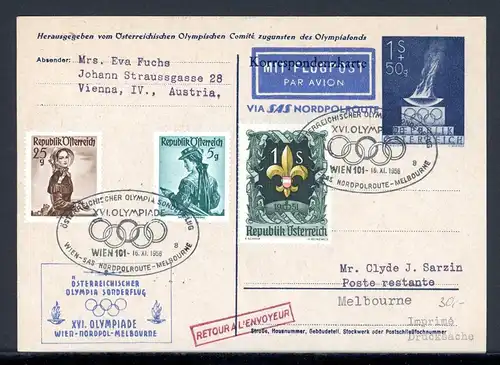 Österreich Ganzsache Olympia Sonderflug Wien-Melbourne gebraucht #2A044