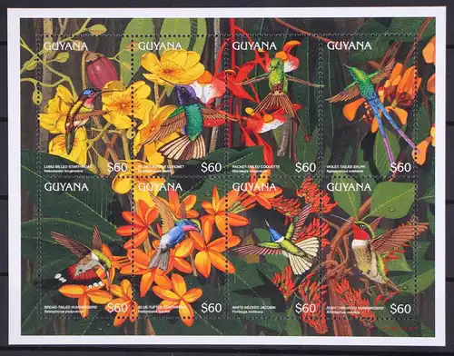 Guyana 5572-5579 postfrisch als Kleinbogen, Kolibris, Vögel #GD626