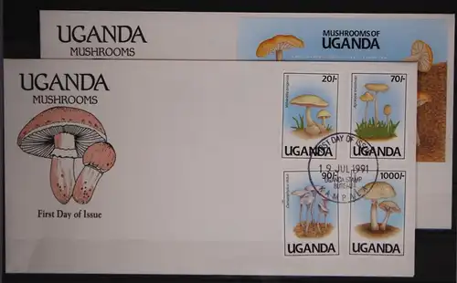 Uganda 950-952 und 957 und Block 147 gestempelt als FDC / Pilze #GC188