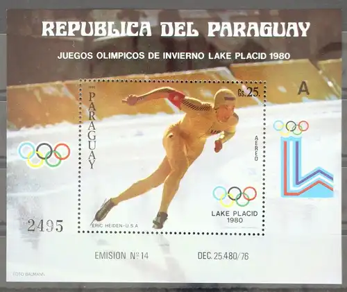 Paraguay Block 352 postfrisch Olympia 1980 Lake Placid #GD515