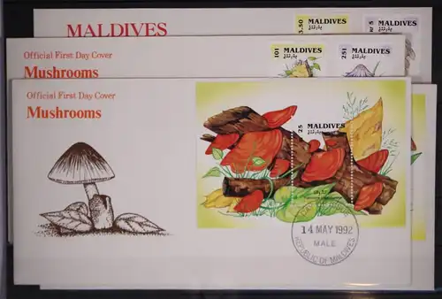 Malediven 1728-1735 und Block 231-232 postfrisch als FDC / Pilze #GC244