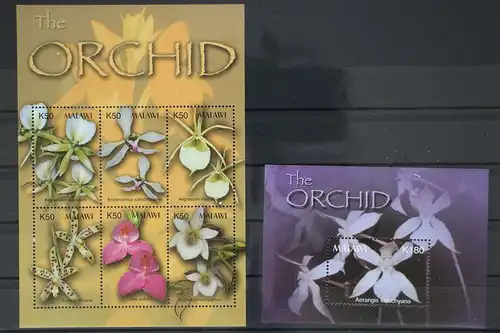 Malawi 732-737 als Kleinbogen und Block 82 postfrisch Orchideen Blumen #GD772