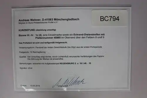 Alliierte Besetzung 1z mit Plattennummer auf Brief Befund Wehner BPP #BC794