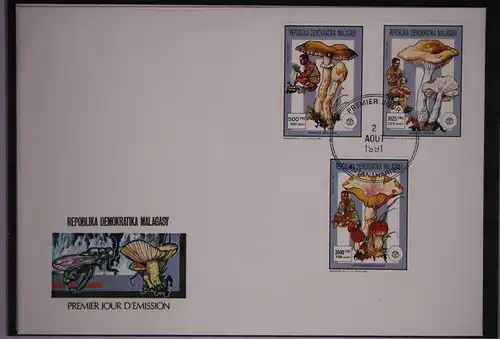 Madagaskar 1310, 1312, 1314 und Block 158 postfrisch als FDC / Pilze #GC247
