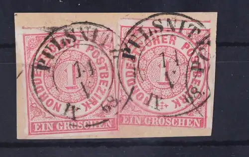 Norddeutscher Bund 4 gestempelt Schönstempel 2x auf Briefstück Pulsnitz. #GA237