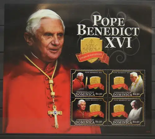 Dominica 4079-4082 postfrisch als Kleinbogen, Papst Benedikt XVI #GH023