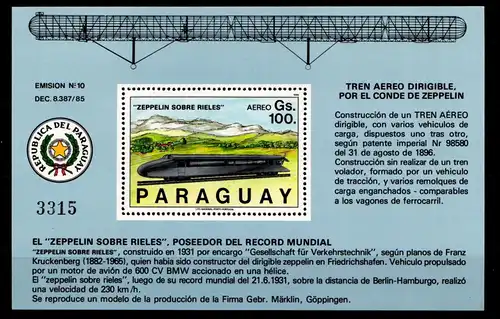 Paraguay 463 postfrisch Block Luftfahrt #GO695