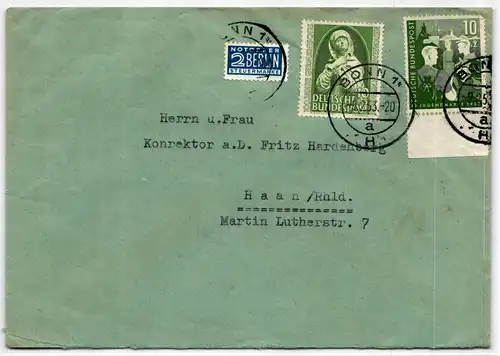 BRD 151, 153 auf Brief als Mischfrankatur portogerechter Eckrand #BD067