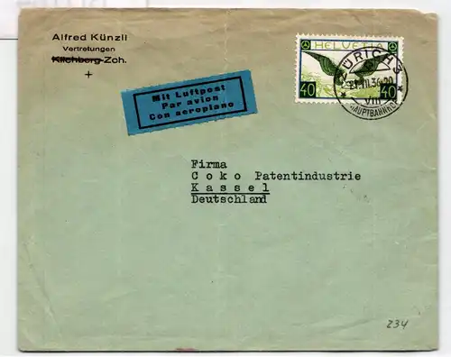 Schweiz 234 auf Brief als Einzelfrankatur Luftpost nach Deutschland #BD184