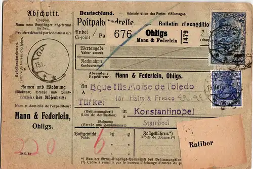 Deutsches Reich 87II, 95I auf Brief Paketkarte nach Constantinopel #GV484