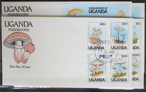 Uganda 950-957 und Block 146 und 147 gestempelt als FDC / Pilze #GG297