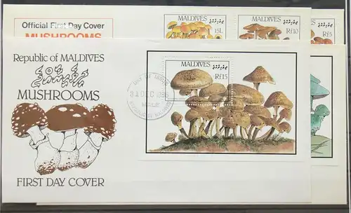 Malediven 1234-1241 und Block 130 und 131 gestempelt als FDC / Pilze #GG517