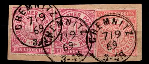 Norddeutscher Bund 16 (2x) und 15 gestempelt auf Briefstück #GU825