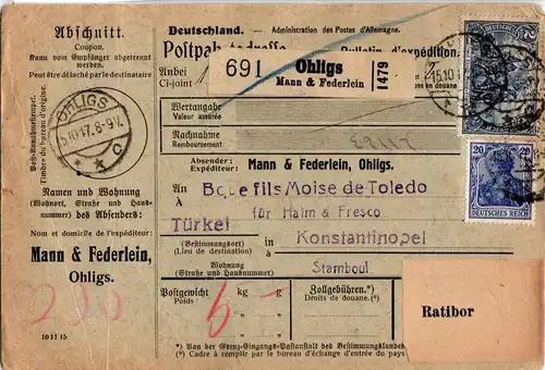 Deutsches Reich 87II, 95I auf Brief Paketkarte nach Constantinopel #GV488