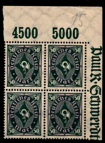 Deutsches Reich 209POR postfrisch 4er Block vom Eckrand oben rechts #GS768