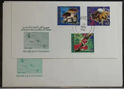 Komoren 982-984 und Block 358-360 gestempelt als FDC / Pilze #GG384