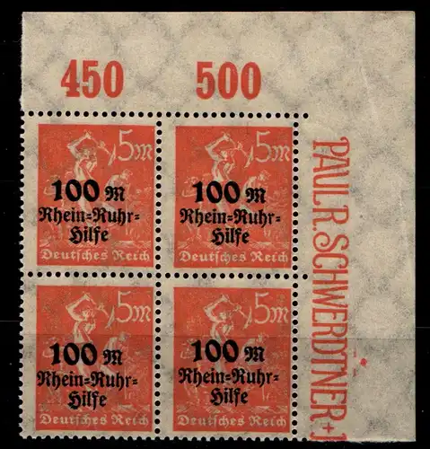 Deutsches Reich 258 POR postfrisch 4er Block, Eckrand oben rechts #GS323