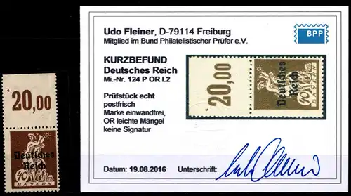 Deutsches Reich 124P OR I.2 postfrisch leichte Mängel, Kurzbefund Fleiner #HA095