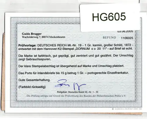 Deutsches Reich 19 auf Brief Hannover K2, Befund Sommer BPP #HG605