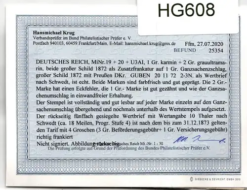 Deutsches Reich 19, 20, U3AI auf Brief nach Schwedts, Befund Sommer BPP #HG608