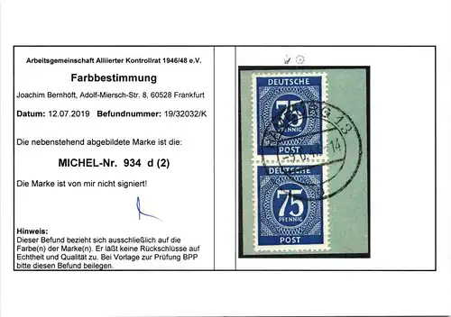 Alliierte Besetzung 934d gestempelt Paar, Attest Schlegel BPP #HH256