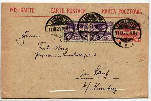 Oberschlesien P3, 17 als Ganzsache von Laurahütte nach Lauf #BD233