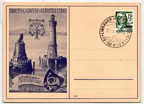 Württemberg 4 auf Gedenkkarte Briefmarkenausstellung Lindau #BD282