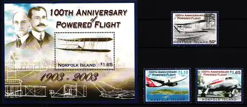 Norfolk Inseln 852-854 und Block 43 postfrisch Flugzeuge #GY312