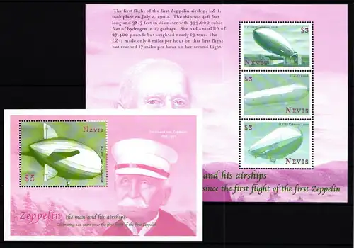Nevis 1539-1541 und Block 182 postfrisch Kleinbogen / Zeppelin #GY618
