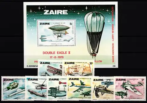 Zaire (Kongo) 580-587 und Block 22 postfrisch Flugzeuge #GY633