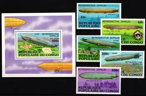 Kongo (Brazzaville) 577-581 und Block 11 postfrisch Zeppelin #GY659