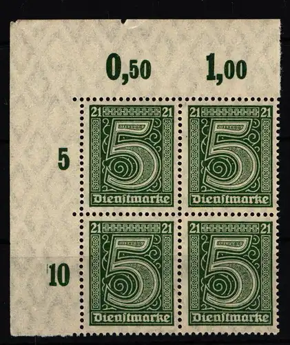 Deutsches Reich Dienstmarken 16P OR postfrisch Eckrand 4er Block #HT793