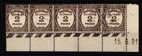 Frankreich Portomarken 66 gestempelt Unterrand 5er Streifen mit Druckda. #HT125