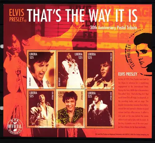 Liberia 2917-2922 postfrisch Kleinbogen / Elvis Presley #HP841