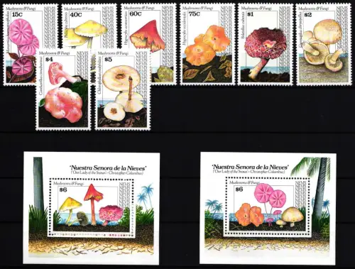 Nevis 637-644 und Block 38 und 39 postfrisch Pilze #HQ460