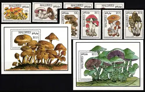 Malediven 1234-1241 und Block 130 und 131 postfrisch Pilze #HQ434
